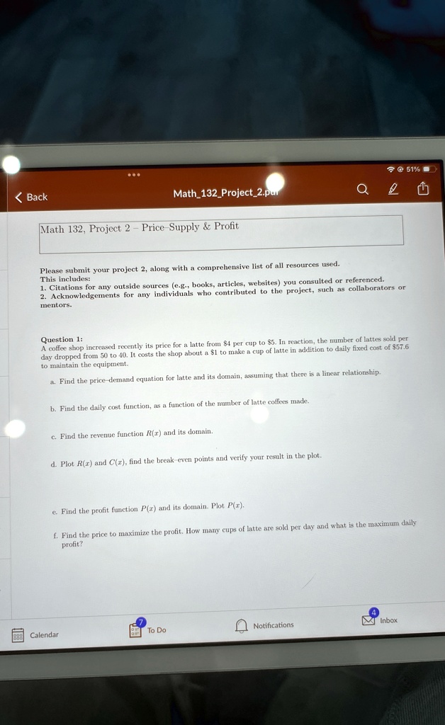 math 132 project 2 price supply profit please submit your project 2 along with a comprehensive list of all resources used this includes 1 citations for any outside sources eg books articles  32376