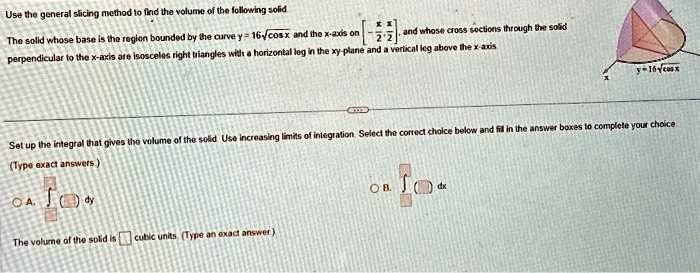 Use the general slicing method to find the volume of the following ...