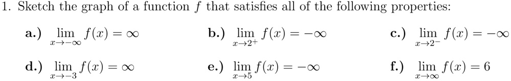 1. Sketch the graph of a function f that satisfies all of the following properties:
a.) limx?-? f(x) = ?
b.) limx?2^+ f(x) = -?
c.) limx?2^- f(x) = -?
d.) limx?-3 f(x) = ?
e.) limx?5 f(x) = -?
f.) limx?? f(x) = 6