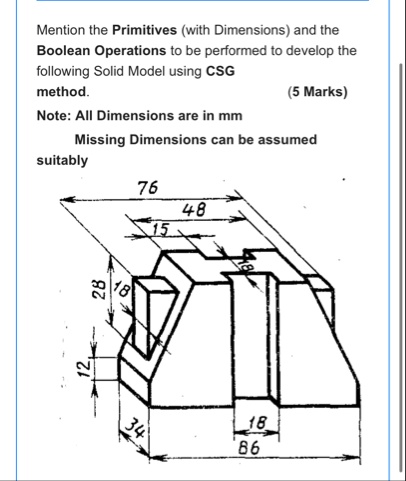 mention the primitives with dimensions and the boolean operations to be ...