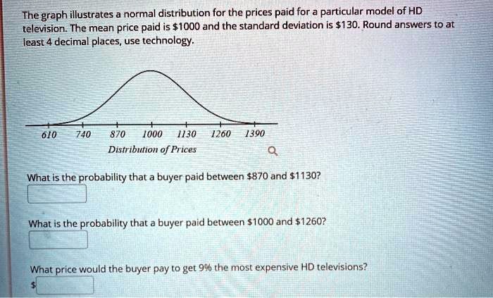 The graph illustrates a normal distribution for the prices paid for a particular model of HD television. The mean price paid is 1000 and the standard deviation is130. Round answers to at least 4 decimal places, use technology.

610 740 870 1000 1130 1260 1390
Distribution of Prices

What is the probability that a buyer paid between 870 and1130?
What is the probability that a buyer paid between 1000 and1260?
What price would the buyer pay to get 9% the most expensive HD televisions?
