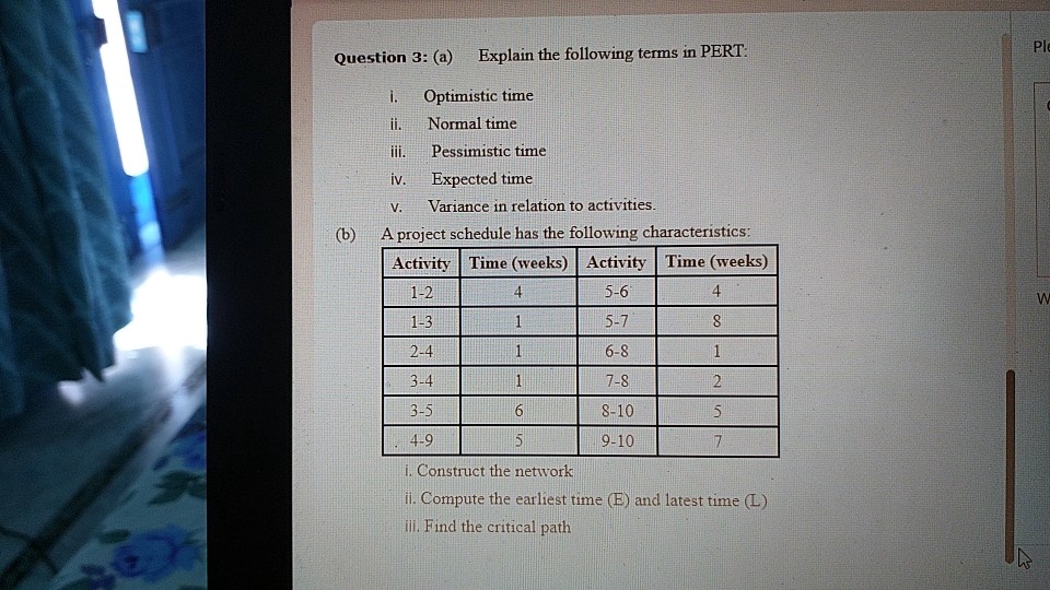 Question 3: (a) Explain the following terms in PERT:
i. Optimistic time
ii. Normal time
iii. Pessimistic time
iv. Expected time
v. Variance in relation to activities.
(b) A project schedule has the following characteristics:
Activity Time (weeks) Activity Time (weeks)
1-2 4 5-6 4
1-3 1 5-7 8
2-4 1 6-8 1
3-4 1 7-8 2
3-5 6 8-10 5
4-9 5 9-10 7
i. Construct the network
ii. Compute the earliest time (E) and latest time (L)
iii. Find the critical path