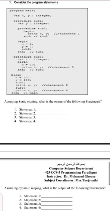 1 consider the program statements program main var x y integer ...
