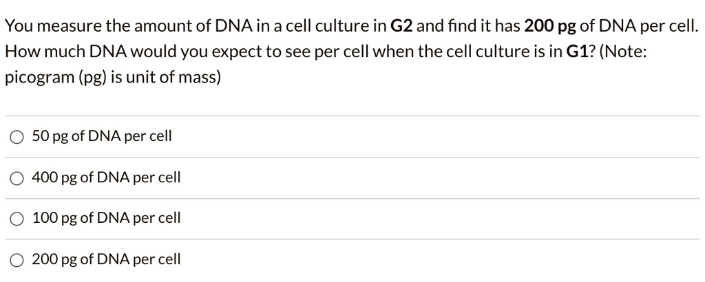 SOLVED: You measure the amount of DNA in a cell culture in G2 and find ...