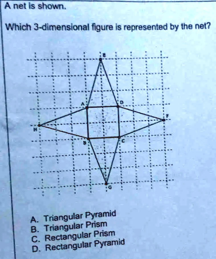 A net is shown.
Which 3-dimensional figure is represented by the net?
A. Triangular Pyramid
B. Triangular Prism
C. Rectangular Prism
D. Rectangular Pyramid