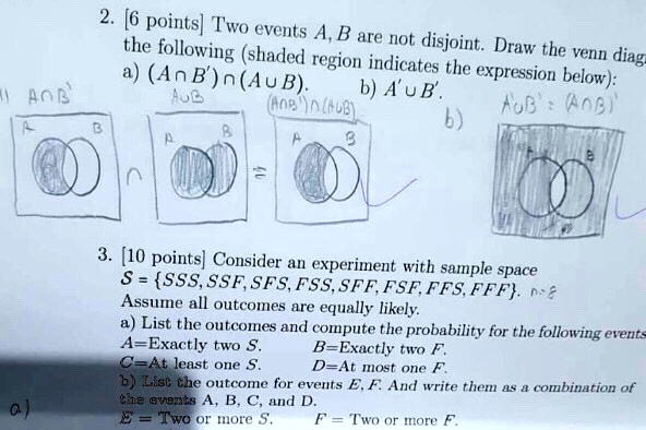 2. [6 points] Two events A, B are not disjoint. Draw the venn diag
the following (shaded region indicates the expression below):
a) (A ? B') ? (A ? B). b) A' ? B'.

3. [10 points] Consider an experiment with sample space
S = SSS, SSF, SFS, FSS, SFF, FSF, FFS, FFF.
Assume all outcomes are equally likely.
a) List the outcomes and compute the probability for the following events
A=Exactly two S. B=Exactly two F.
C=At least one S. D=At most one F.
b) List the outcome for events E, F. And write them as a combination of
the events A, B, C, and D.
E = Two or more S. F = Two or more F.