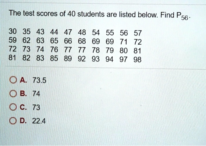 The test scores of 40 students are listed below. Find P56.
30 35 43 44 47 48 54 55 56 57
59 62 63 65 66 68 69 69 71 72
72 73 74 76 77 77 78 79 80 81
81 82 83 85 89 92 93 94 97 98
A. 73.5
B. 74
C. 73
D. 22.4
