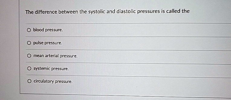 the difference between the systolic and diastolic pressures is called ...