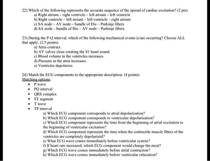 22) Which of the following represents the accurate sequence of the spread of cardiac excitation? (2 pts)
a) Right atrium – right ventricle – left atrium – left ventricle
b) Right ventricle – left atrium – left ventricle – right atrium
c) SA node – AV node – bundle of His – Purkinje fibers
d) SA node – bundle of His – AV node – Purkinje fibers

23) During the P-Q interval, which of the following mechanical events is/are occurring? Choose ALL that apply. (2.5 points)
a) Atria contract.
b) AV valves close creating the S1 heart sound.
c) Blood volume in the ventricles increases.
d) Pressure in the atria increases.
e) Ventricles depolarize.

24) Match the ECG components to the appropriate description. (4 points)
Matching options:
• P wave
• PQ interval
• QRS complex
• ST segment
• T wave
• TP interval
a) Which ECG component corresponds to atrial depolarization?
b) Which ECG component corresponds to ventricular depolarization?
c) Which ECG component represents the time from the beginning of atrial excitation to the beginning of ventricular excitation?
d) Which ECG component represents the time when the contractile muscle fibers of the ventricles are completely depolarized?
e) What ECG wave comes immediately before ventricular systole?
f) If heart rate increased, which ECG component would change the most?
g) Which ECG wave comes immediately before atrial contraction?
h) Which ECG wave comes immediately before ventricular relaxation?