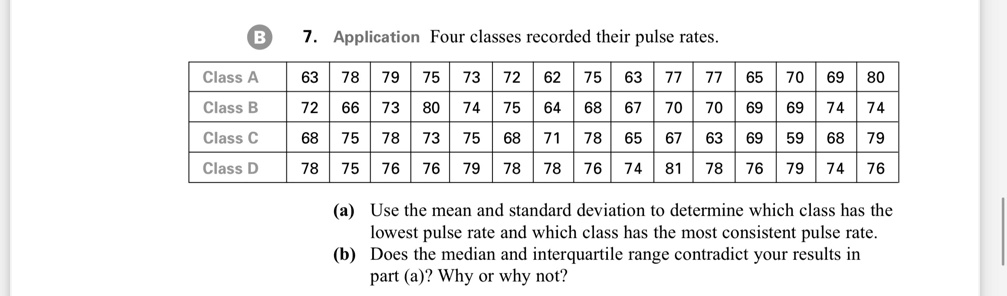 B
7. Application Four classes recorded their pulse rates.
Class A
63 78 79 75 73 72 62 75 63 77 77 65 70 69 80
Class B
72 66 73 80 74 75 64 68 67 70 70 69 69 74 74
Class C
68 75 78 73 75 68 71 78 65 67 63 69 59 68 79
Class D
78 75 76 76 79 78 78 76 74 81 78 76 79 74 76
(a) Use the mean and standard deviation to determine which class has the
lowest pulse rate and which class has the most consistent pulse rate.
(b) Does the median and interquartile range contradict your results in
part (a)? Why or why not?