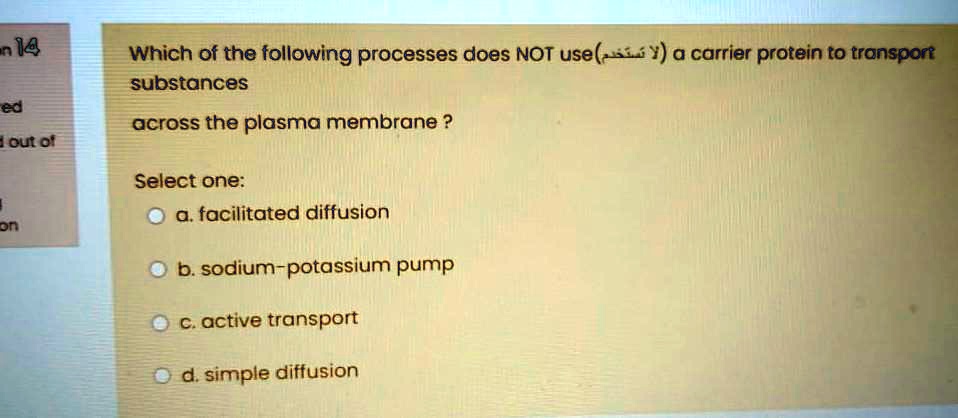 Which of the following processes does NOT use (?? ??????) a carrier protein to transport substances
across the plasma membrane ?
Select one:
a. facilitated diffusion
b. sodium-potassium pump
c. active transport
d. simple diffusion