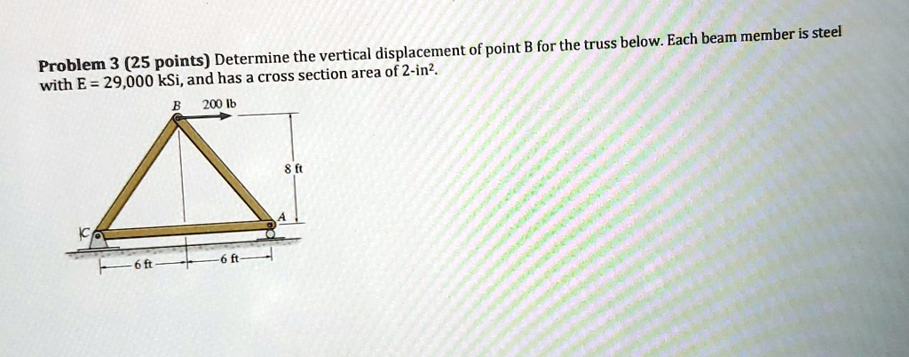Problem 3 (25 points) Determine the vertical displacement of point B for the truss below. Each beam member is steel with E = 29,000 kSi, and has a cross section area of 2-in2. B 200 lb 8 ft 6 ft 6 ft