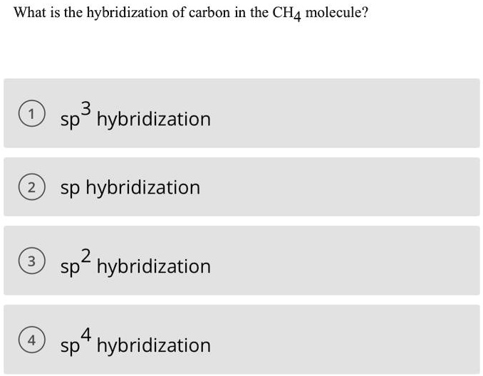 SOLVED What is the hybridization of carbon in the CH4 molecule? 3 sp