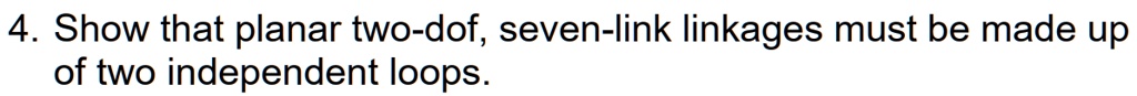 Show that planar two-dof, seven-link linkages must be made up of two independent loops.
