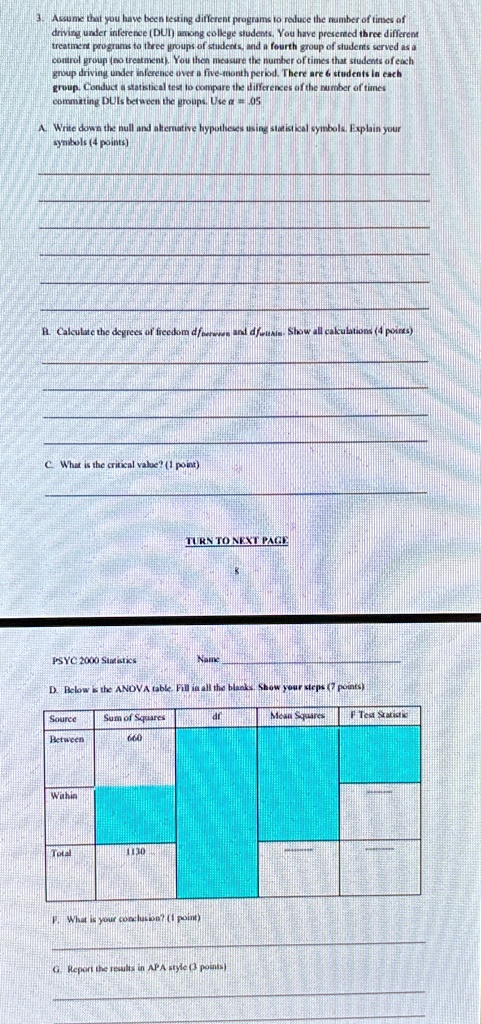 3. Assume that you have been testing different programs to reduce the number of times of
driving under inference (DUI) among college students. You have presented three different
treatment programs to three groups of students, and a fourth group of students served as a
control group (no treatment). You then measure the number of times that students of each
group driving under inference over a five-month period. There are 6 students in each
group. Conduct a statistical test to compare the differences of the number of times
committing DUIs between the groups. Use α = .05
A. Write down the null and alternative hypotheses using statistical symbols. Explain your
symbols (4 points)
B. Calculate the degrees of freedom dfbetween and dfwithin. Show all calculations (4 points)
C. What is the critical value? (1 point)
PSYC 2000 Statistics
Name
D. Below is the ANOVA table. Fill in all the blanks. Show your steps (7 points)
Source	Sum of Squares	df	Mean Squares	F Test Statistic
Between	660
Within
Total	1130
F. What is your conclusion? (1 point)
G. Report the results in APA style (3 points)
