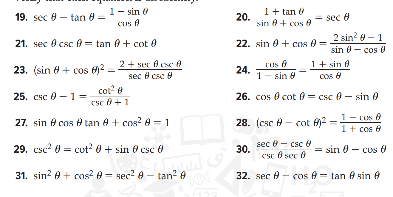 19. secθ-tanθ=(1-sinθ)/(cosθ) 20. (1+tanθ)/(sinθ+cosθ)=secθ 21 ...