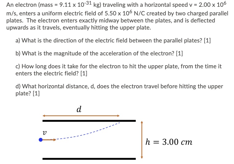 An electron (mass = 9.11 x 10^-31 kg) traveling with a horizontal speed v = 2.00 x 10^6 m/s, enters a uniform electric field of 5.50 x 10^6 N/C created by two charged parallel plates. The electron enters exactly midway between the plates, and is deflected upwards as it travels, eventually hitting the upper plate.

a) What is the direction of the electric field between the parallel plates? [1]

b) What is the magnitude of the acceleration of the electron? [1]

c) How long does it take for the electron to hit the upper plate, from the time it enters the electric field? [1]

d) What horizontal distance, d, does the electron travel before hitting the upper plate? [1]

d
v
h = 3.00 cm