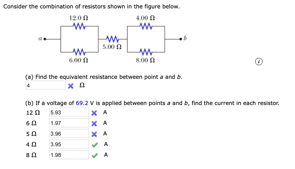 consider the combination of resistors shown in the figure below 120 q 400 500 600 q 800 find the equivalent resistance between point a and b 0 b if a voltage of 692 v is applied between poi 08506