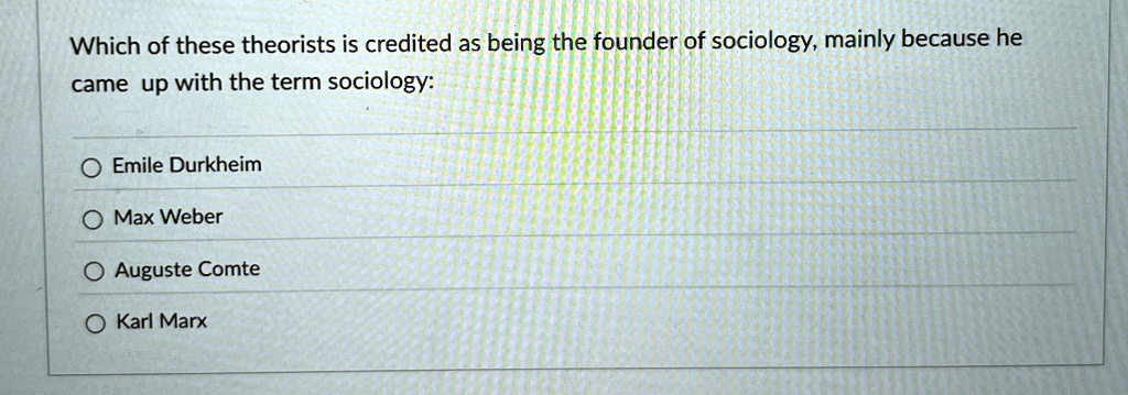Which of these theorists is credited as being the founder of sociology, mainly because he
came up with the term sociology:
Emile Durkheim
Max Weber
Auguste Comte
Karl Marx