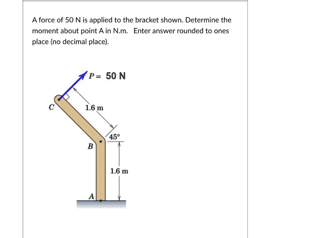 A force of 50 N is applied to the bracket shown. Determine the moment about point A in N.m. Enter answer rounded to ones place (no decimal place). P = 50 N C 1.6 m 45° B 1.6 m A