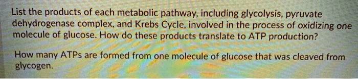 List the products of each metabolic pathway, including glycolysis, pyruvate dehydrogenase complex, and Krebs Cycle, involved in the process of oxidizing one molecule of glucose. How do these products translate to ATP production?

How many ATPs are formed from one molecule of glucose that was cleaved from glycogen.