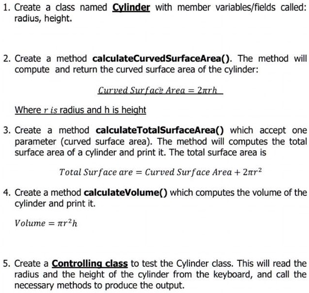 Create Cylinder Using Math 1. Create a class named Cylinder with member variables/fields called ...