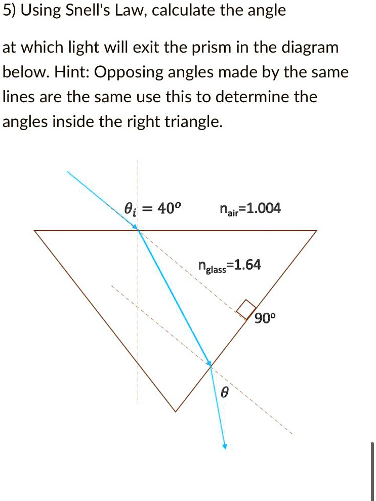 SOLVED 5) Using Snell's Law, calculate the angle at which light will