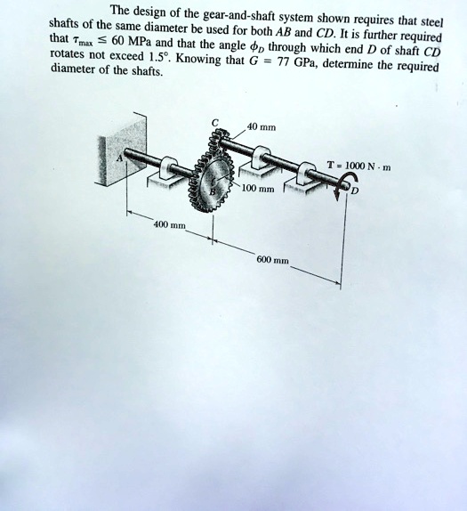 The design of the gear-and-shaft system shown requires that steel shafts of the same diameter be used for both AB and CD. It is further required that ?max ? 60 MPa and that the angle ?D through which end D of shaft CD rotates not exceed 1.5°. Knowing that G = 77 GPa, determine the required diameter of the shafts.