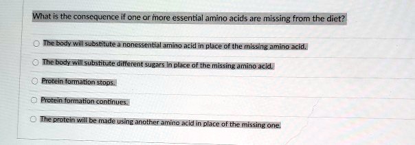 What is the consequence if one or more essential amino acids are missing from the diet?

The body will substitute a nonessential amino acid in place of the missing amino acid.
The body will substitute different sugars in place of the missing amino acid.
Protein formation stops.
Protein formation continues.
The protein will be made using another amino acid in place of the missing one.
