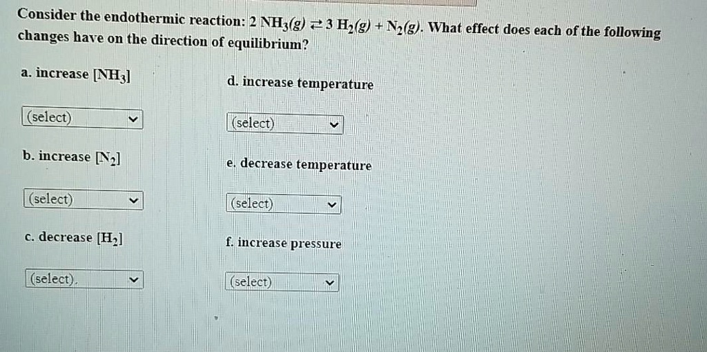 SOLVED Consider the endothermic reaction 2 NHy(g) 2 3 H,(g) + N(g) . What effect does changes