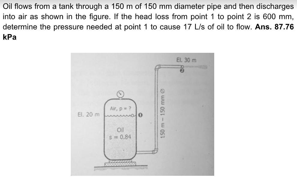 SOLVED: Oil flows from a tank through a 150 m of 150 mm diameter pipe ...