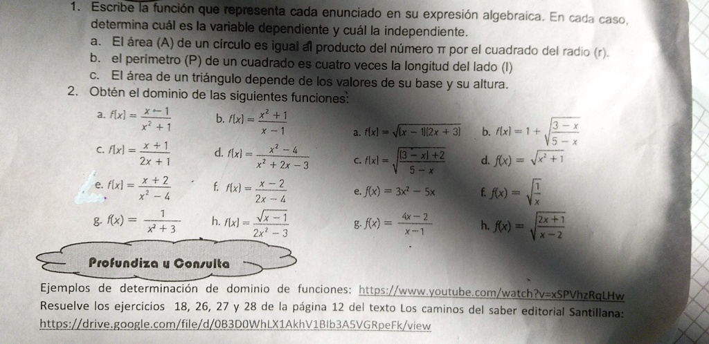 SOLVED: Obtener el dominio de las siguientes funciones Escribe a