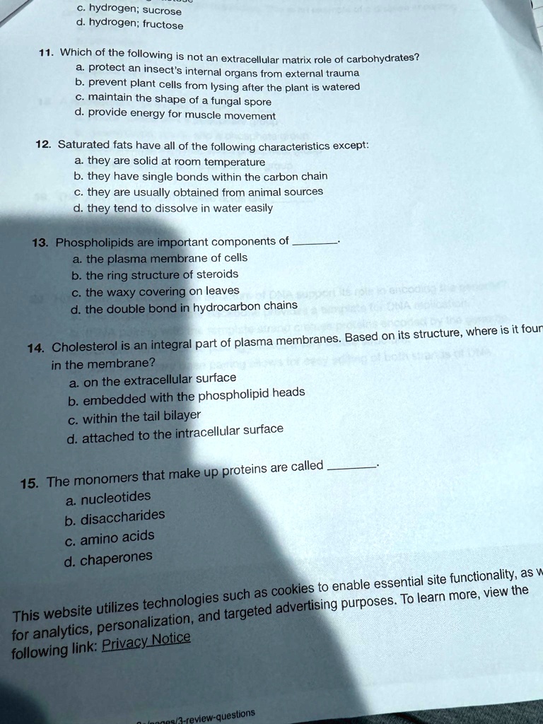 SOLVED: c. hydrogen; sucrose d. hydrogen; fructose 11. Which of the ...