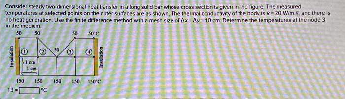 Consider steady two-dimensional heat transfer in a long solid bar whose ...