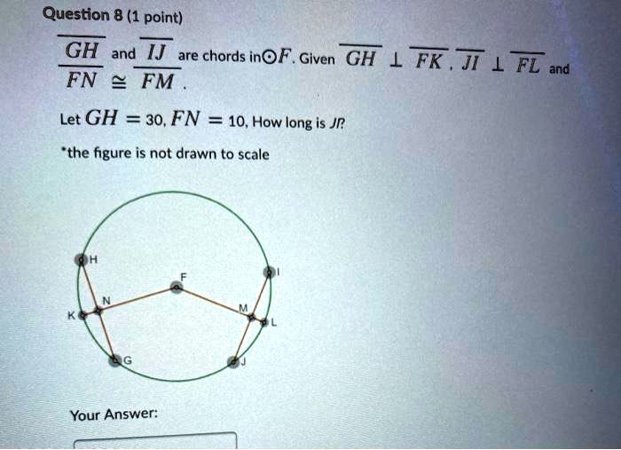 Question 8 (1 point)
GH and IJ are chords in ∘F. Given GH ⊥FK, JI ⊥FL and 

FN ≅FM.
Let GH = 30, FN = 10, How long is JI?
*the figure is not drawn to scale