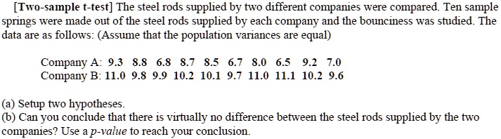 [Two-sample t-test] The steel rods supplied by two different companies were compared. Ten sample springs were made out of the steel rods supplied by each company and the bounciness was studied. The data are as follows: (Assume that the population variances are equal)

Company A: 9.3 8.8 6.8 8.7 8.5 6.7 8.0 6.5 9.2 7.0
Company B: 11.0 9.8 9.9 10.2 10.1 9.7 11.0 11.1 10.2 9.6

(a) Setup two hypotheses.
(b) Can you conclude that there is virtually no difference between the steel rods supplied by the two companies? Use a p-value to reach your conclusion.