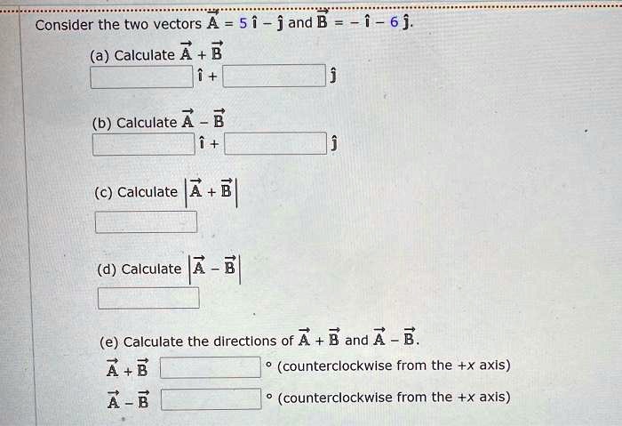 SOLVED:Consider The Two Vectors A = 5 I - J And B = - I - 6j. Calculate ...