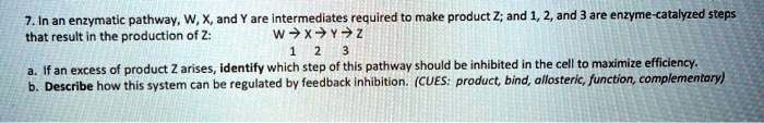 7. In an enzymatic pathway, W, X, and Y are intermediates required to make product Z; and 1, 2, and 3 are enzyme-catalyzed steps that result in the production of Z:
W →X →Y →Z
1 2 3
a. If an excess of product Z arises, identify which step of this pathway should be inhibited in the cell to maximize efficiency.
b. Describe how this system can be regulated by feedback inhibition. (CUES: product, bind, allosteric, function, complementary)