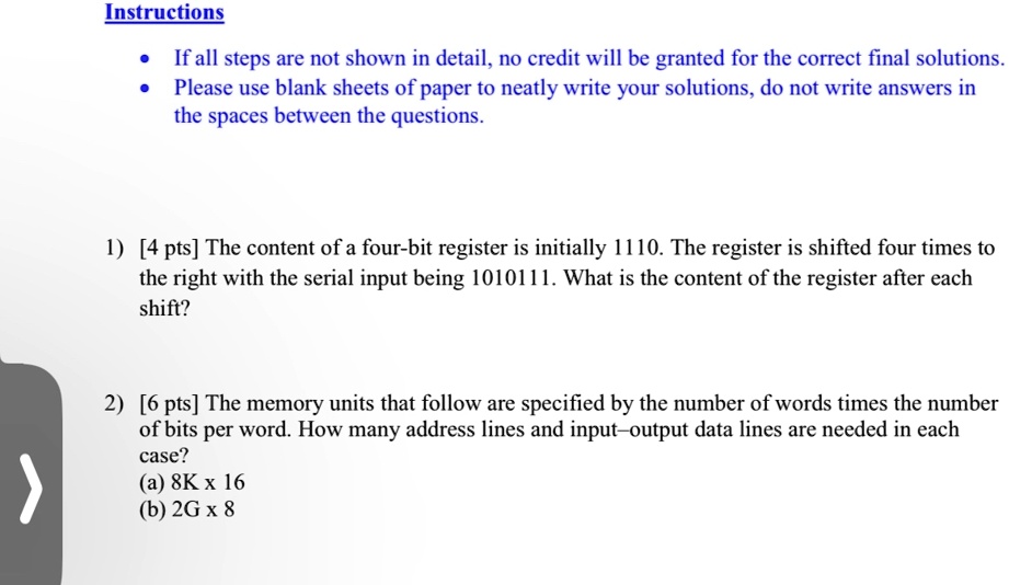 1 4 pts the content of a four bit register is initially 1110 the register is shifted four times to the right with the serial input being 1010111 what is the content of the register after eac 45164