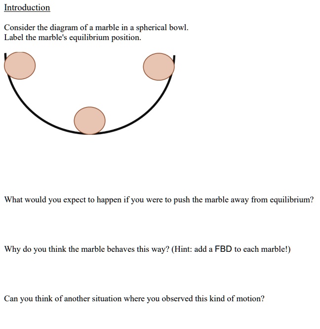 Introduction

Consider the diagram of a marble in a spherical bowl.
Label the marble's equilibrium position.

What would you expect to happen if you were to push the marble away from equilibrium?

Why do you think the marble behaves this way? (Hint: add a FBD to each marble!)

Can you think of another situation where you observed this kind of motion?