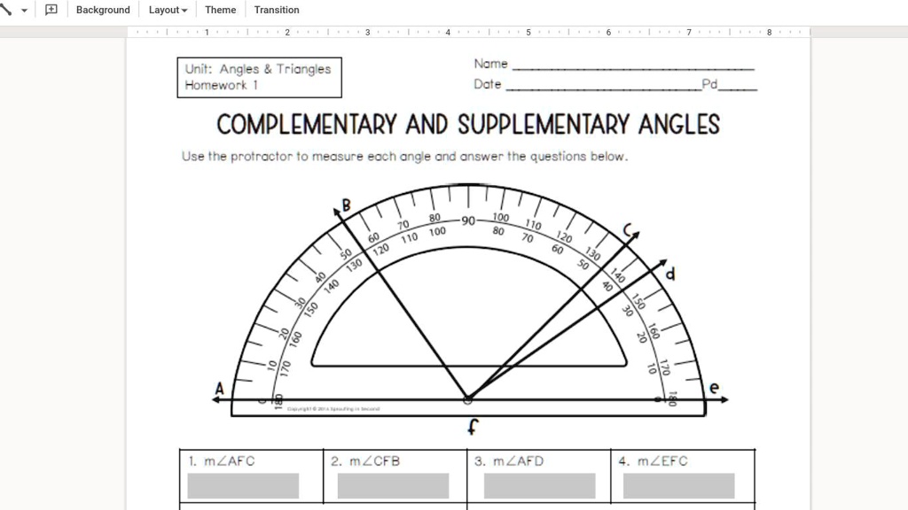 unit angles and triangles homework 1 complementary and supplementary angles