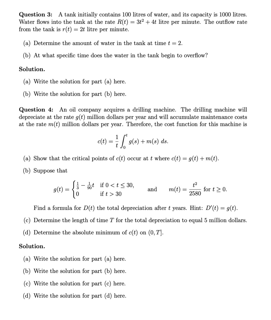 Solved Question 3 A Tank Initially Contains 100 Litres Of Water And Solved Question 3 A Tank Initially Contains 100 Litres Of Water And