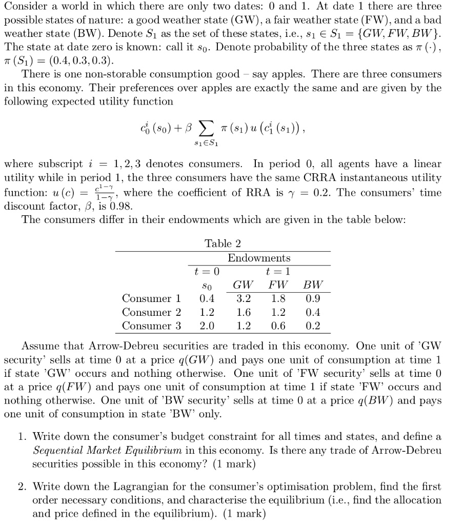 Consider a world in which there are only two dates: 0 and 1. At date 1 there are three possible states of nature: a good weather state (GW), a fair weather state (FW), and a bad weather state (BW). Denote S1 as the set of these states, i.e., s1 in S1 = GW, FW, BW. The state at date zero is known: call it s0. Denote probability of the three states as pi(cdot), pi(S1) = (0.4, 0.3, 0.3).
There is one non-storable consumption good – say apples. There are three consumers in this economy. Their preferences over apples are exactly the same and are given by the following expected utility function

c0^i(s0) + eta sums1 in S1 pi(s1)u(c1^i(s1)),

where subscript i = 1, 2, 3 denotes consumers. In period 0, all agents have a linear utility while in period 1, the three consumers have the same CRRA instantaneous utility function: u(c) = fracc^1-gamma1-gamma, where the coefficient of RRA is gamma = 0.2. The consumers' time discount factor, eta, is 0.98.
The consumers differ in their endowments which are given in the table below:

Table 2
Endowments
t = 0 t = 1
s0 GW FW BW
Consumer 1 0.4 3.2 1.8 0.9
Consumer 2 1.2 1.6 1.2 0.4
Consumer 3 2.0 1.2 0.6 0.2

Assume that Arrow-Debreu securities are traded in this economy. One unit of 'GW security' sells at time 0 at a price q(GW) and pays one unit of consumption at time 1 if state 'GW' occurs and nothing otherwise. One unit of 'FW security' sells at time 0 at a price q(FW) and pays one unit of consumption at time 1 if state 'FW' occurs and nothing otherwise. One unit of 'BW security' sells at time 0 at a price q(BW) and pays one unit of consumption in state 'BW' only.

1. Write down the consumer's budget constraint for all times and states, and define a Sequential Market Equilibrium in this economy. Is there any trade of Arrow-Debreu securities possible in this economy? (1 mark)
2. Write down the Lagrangian for the consumer's optimisation problem, find the first order necessary conditions, and characterise the equilibrium (i.e., find the allocation and price defined in the equilibrium). (1 mark)