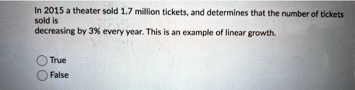 In 2015 a theater sold 1.7 million tickets, and determines that the number of tickets sold is decreasing by 3% every year. This is an example of linear growth. True False