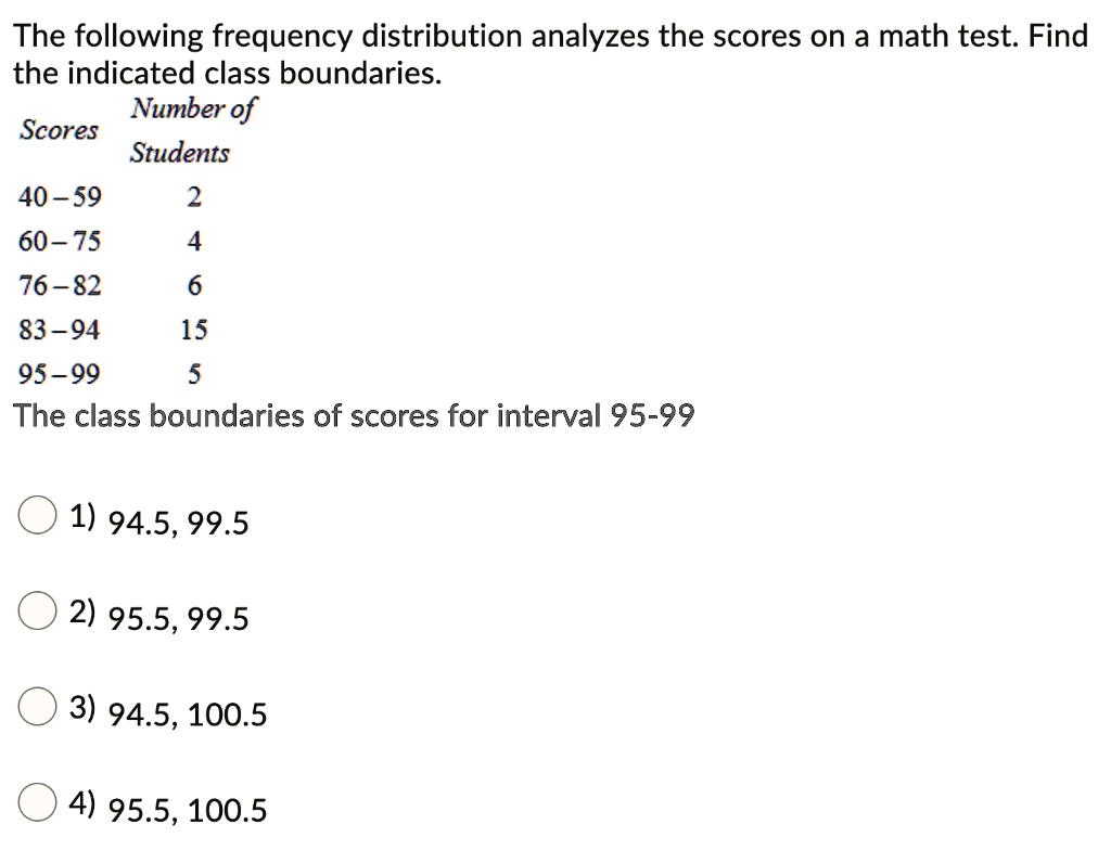 The following frequency distribution analyzes the scores on a math test. Find the indicated class boundaries.
Number of
Students
Scores
40-59	2
60-75	4
76-82	6
83-94	15
95-99	5
The class boundaries of scores for interval 95-99
1) 94.5, 99.5
2) 95.5, 99.5
3) 94.5, 100.5
4) 95.5, 100.5