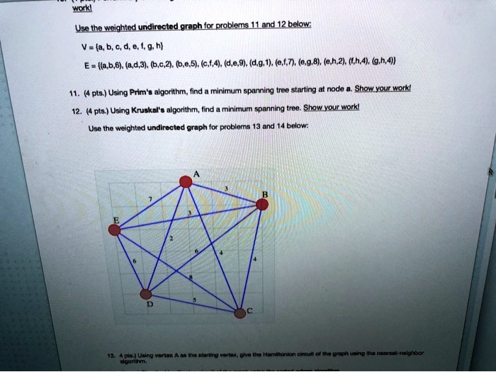 work use the weighted undirected graph for problems 11 and 12 below ...