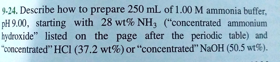 SOLVED: 9-24. Describe how to prepare 250 mL of 1.00 M ammonia buffer ...