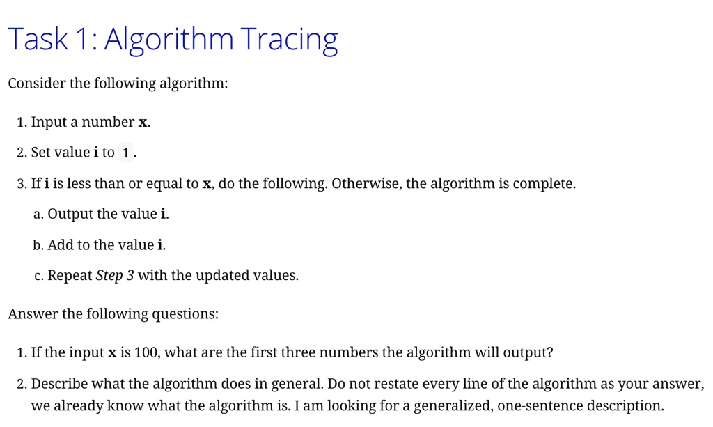 SOLVED: Task 1: Algorithm Tracing Consider the following algorithm: 1 ...