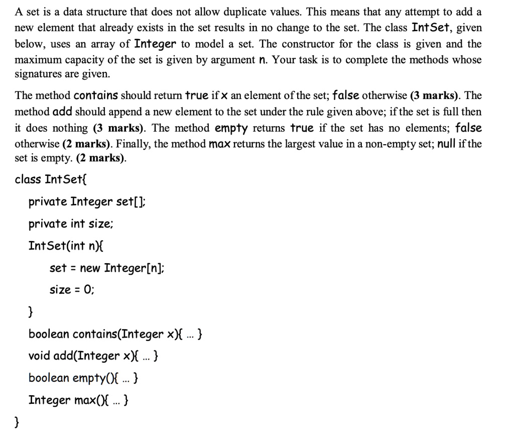 SOLVED: A set is a data structure that does not allow duplicate values ...