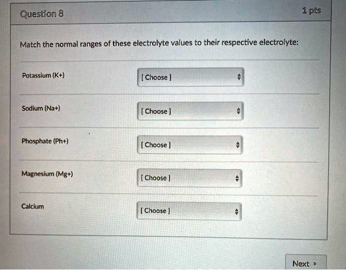 SOLVED Question 8 1pt Match the normal ranges of these electrolyte